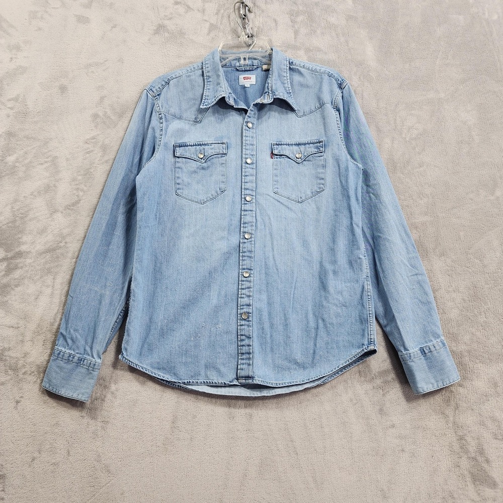 Levi's Shirt Mens M Blue Denim Western Snap Front Long Sleeve Distressed Casual